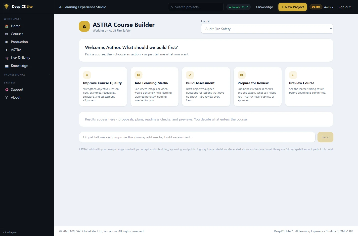 ASTRA Course Builder with five focused course actions
