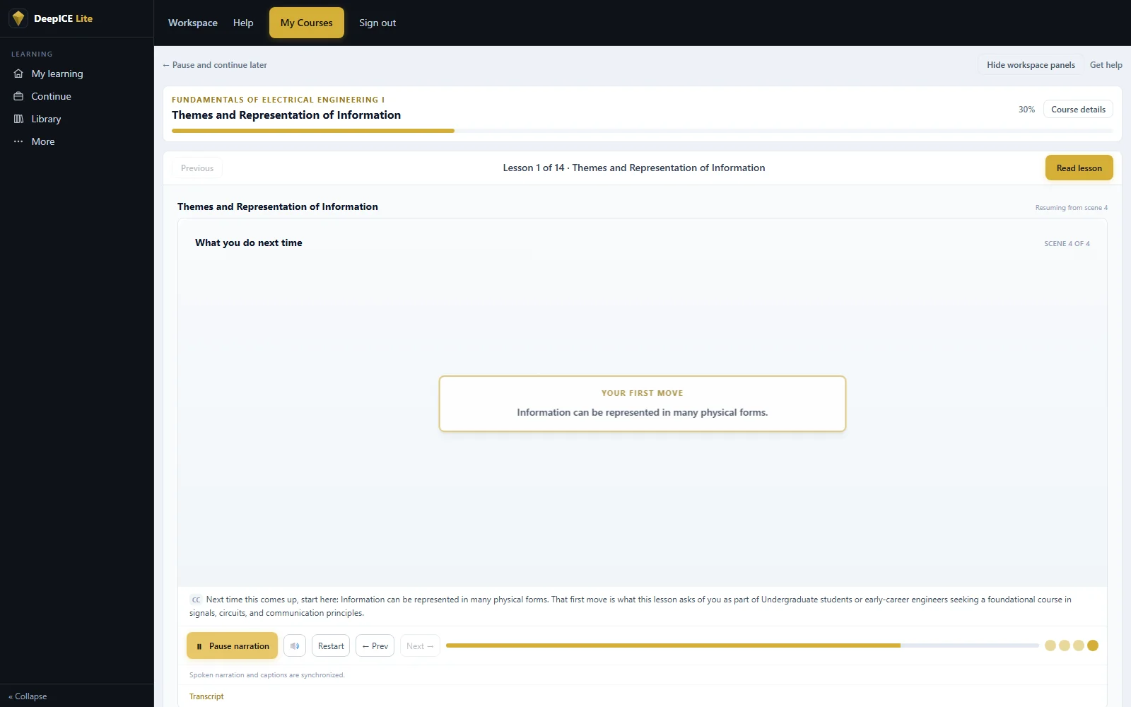 DeepICE learner stage with a wide lesson canvas and progress controls
