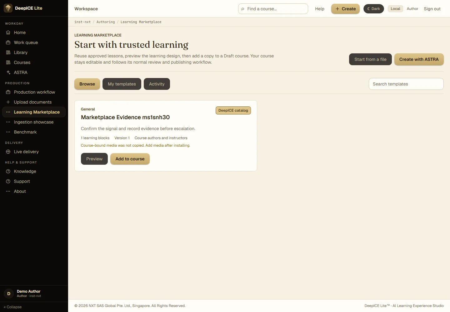 DeepICE Learning Marketplace showing governed reusable learning assets